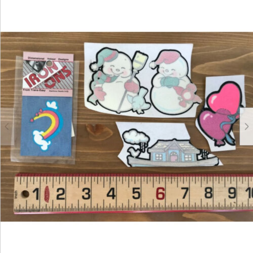 4 Velour Iron-Ons Trans-Easy Flocked Appliques Hearts Rainbow Snowmen Noah's Ark